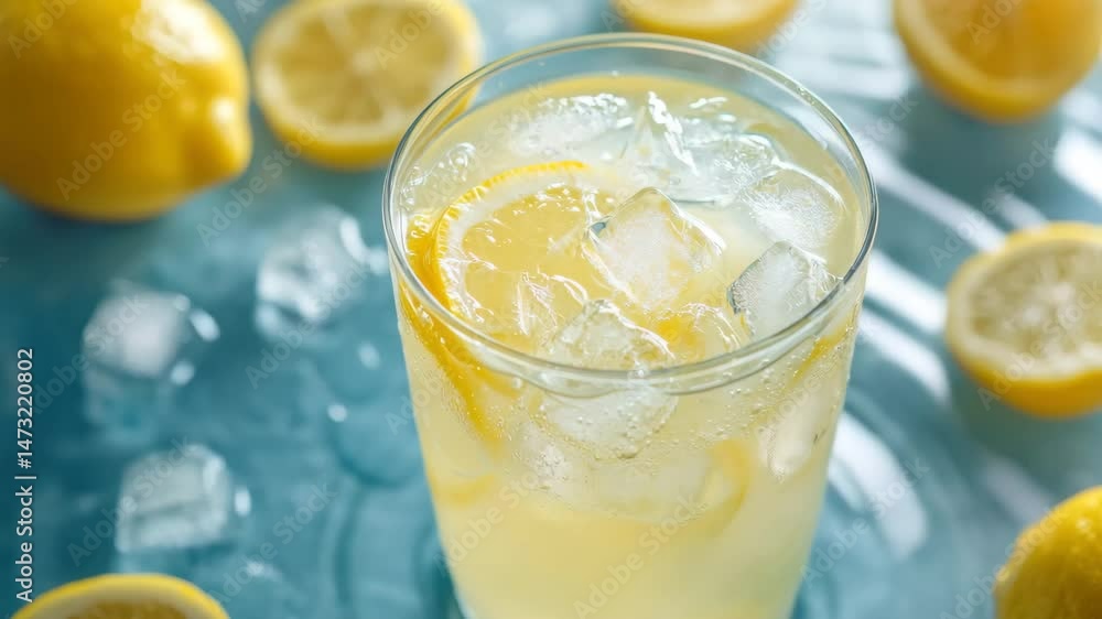 Refreshing cold lemonade beverage with ice cubes and lemon slices in clear glass, surrounded by fresh lemons and ice on blue surface, evokes cool, citrus summer drink refreshment perfect for hot days. Refreshing cold lemonade beverage with ice cubes and lemon slices in clear glass, surrounded by fresh lemons and ice on blue surface, evokes cool, citrus summer drink refreshment perfect for hot days.