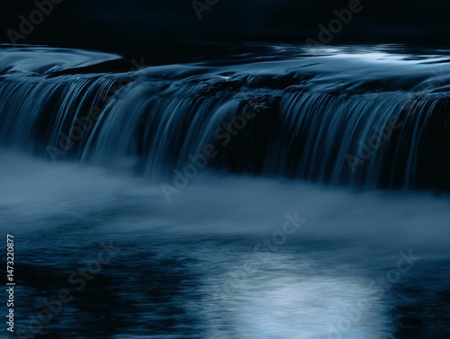 Nocturnal cascade's tranquil, moonlit flow.