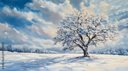 branch of mountain ash, A picturesque winter scene with snow-covered trees lining a winding path through a pristine landscape. The sky is a clear and bright blue, adding a touch of serenity,
