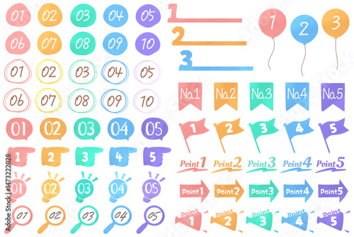 数字・番号の手描きアイコンセット　ウォーターカラー   ゆるかわ　かわいい　おしゃれ