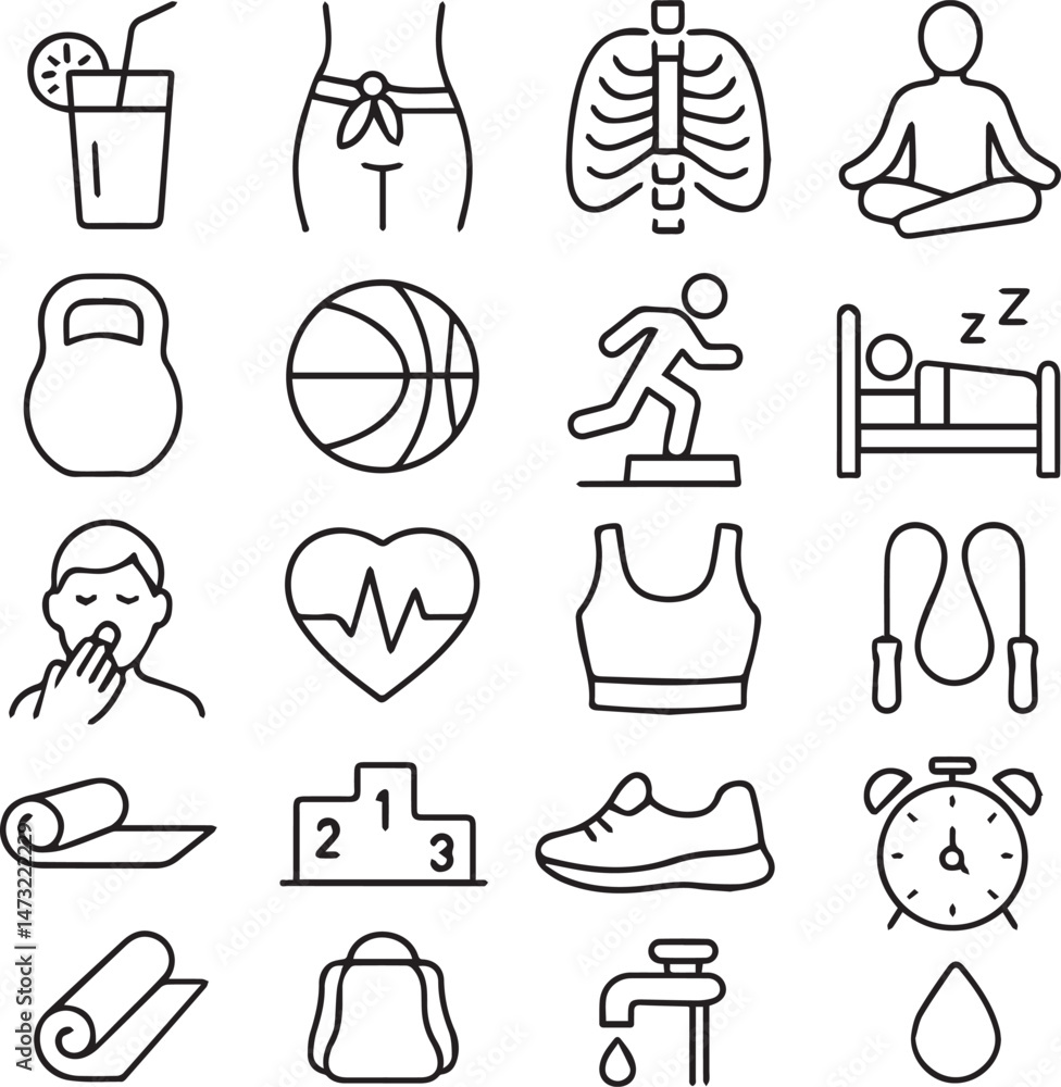 Fototapeta premium Health and Fitness Line Icons Set – Minimalist Wellness and Workout Vector Illustrations