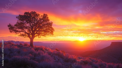 Dramatic sunset over a lone tree and valley