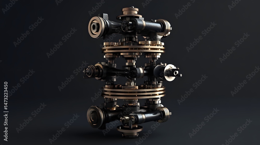 Fototapeta premium A close up of a metal pipe with many valves and a large round valve. Concept of complexity and precision, as the valves are intricately designed and arranged. The metallic appearance of the pipe