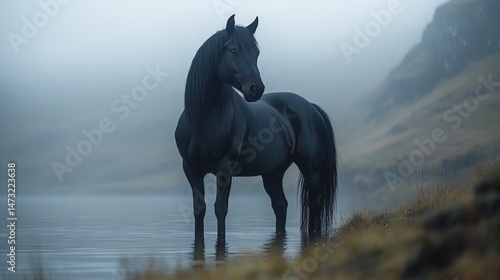 Majestic black horse stands in a misty river, a tranquil scene of nature