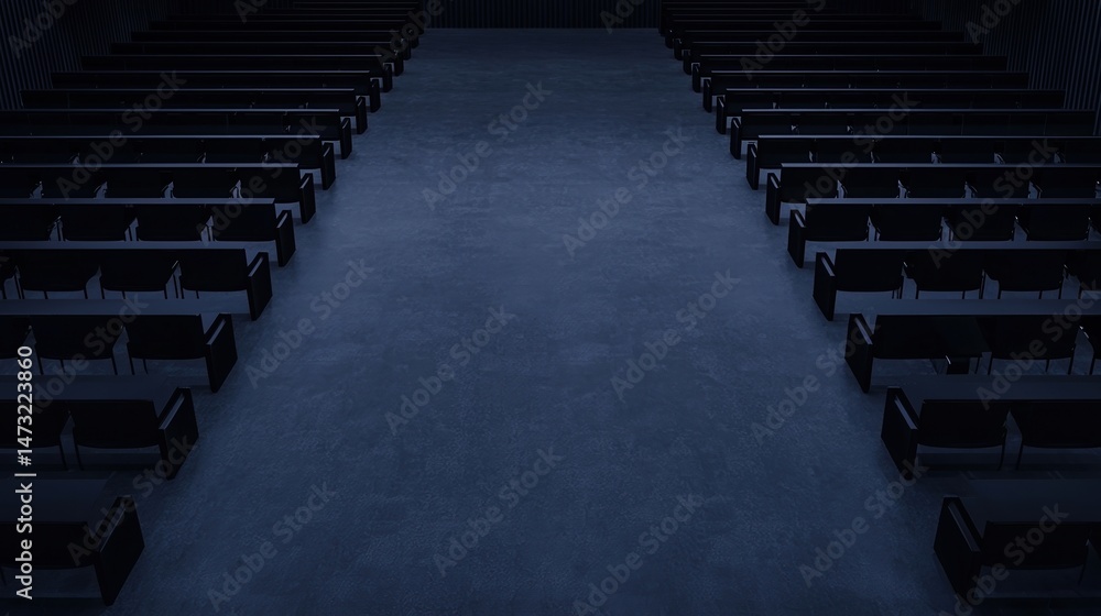 Fototapeta premium A dark, empty auditorium with rows of benches facing a stage, creating a somber and quiet atmosphere.