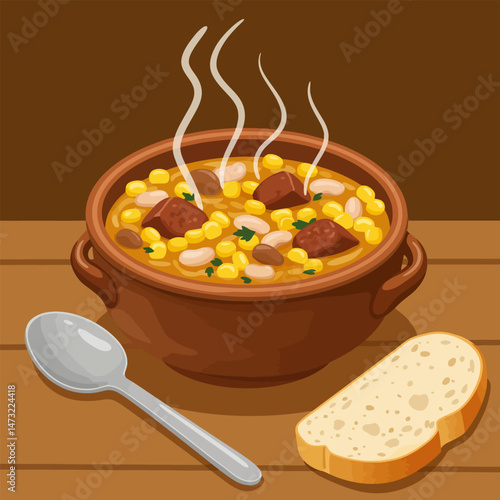 Hot Stew Bowl with Beans Meat and Corn Served with Bread