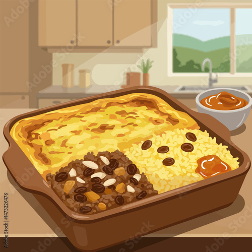 Baked Casserole Dish with Ground Meat and Rice Illustration in Kitchen