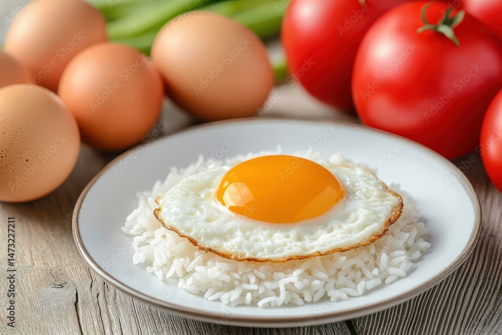 Fried egg on a bed of rice, surrounded by fresh eggs and tomatoes. A sunny-side-up egg sits atop a small pile of white rice. Fresh produce nearby Fried egg on a bed of rice, surrounded by fresh eggs and tomatoes. A sunny-side-up egg sits atop a small pile of white rice. Fresh produce nearby