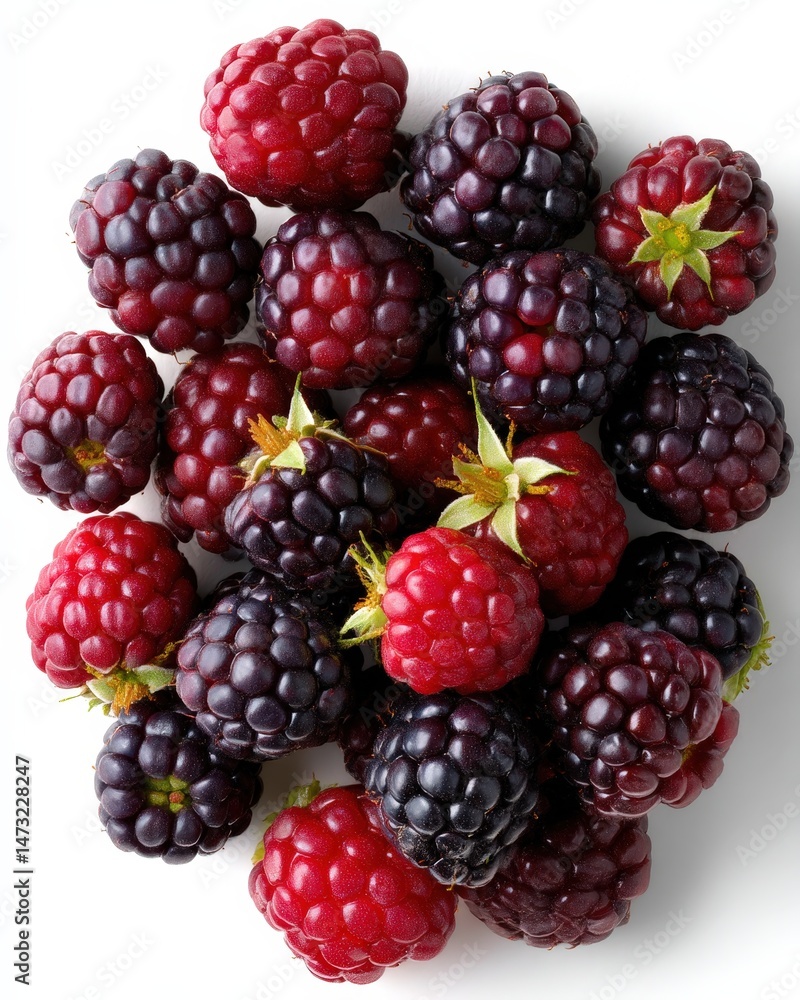 A vibrant collection of ripe raspberries and blackberries arranged against a neutral background, showcasing their rich, dark hues and textured surfaces A vibrant collection of ripe raspberries and blackberries arranged against a neutral background, showcasing their rich, dark hues and textured surfaces