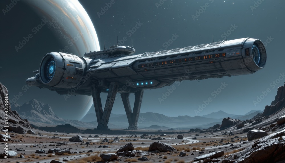 Obraz premium Spaceship exploration in a cosmic landscape sci-fi environment futuristic viewpoint outer space concept