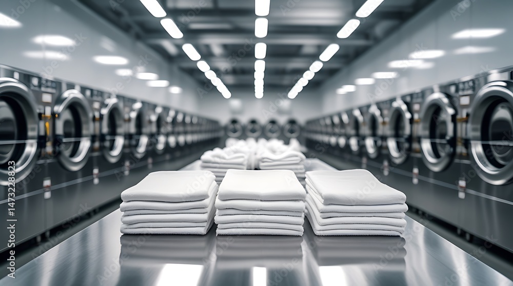 Obraz premium Modern industrial laundry room interior with rows of washing machines and neatly folded towels, creating a sense of cleanliness, efficiency, symmetry, and professional service