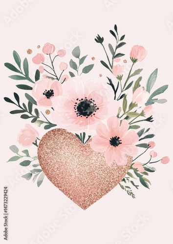 Floral heart design with pink flowers and glitter accents