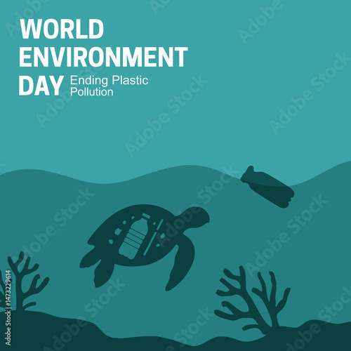 World Environment Day illustration with sea turtle swimming underwater surrounded by plastic waste. Marine life and coral silhouettes highlight ocean pollution issue. Text Ending Plastic Pollution.