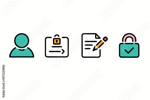 Simple icon set representing user profile data security and authorization concepts