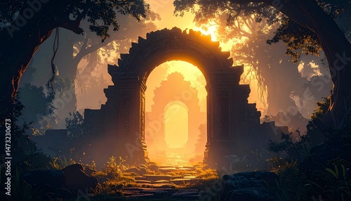 Stone archway leads through misty, sunlit forest