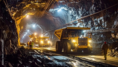 Deep underground mining tunnel featuring heavy machinery and workers under bright lights
