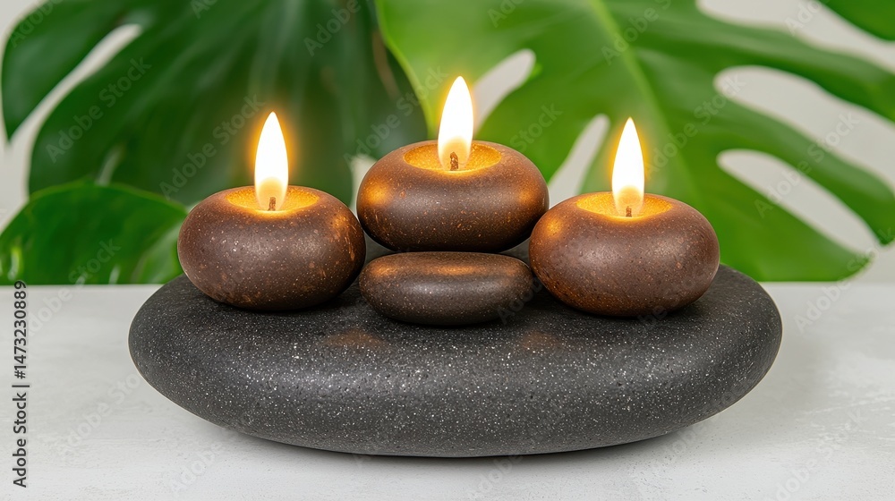 Three Lit Brown Speckled Candles on Dark Gray Stone with Green Leaves Three Lit Brown Speckled Candles on Dark Gray Stone with Green Leaves