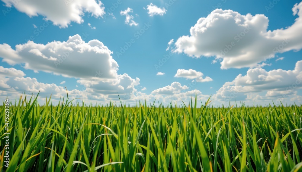 Fototapeta premium Growing green grass under blue sky with fluffy clouds nature landscape vibrant environment eye-level view