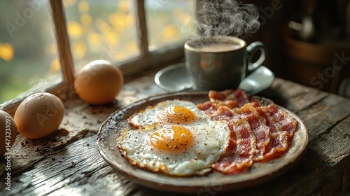 Rustic breakfast of fried eggs and bacon with coffee