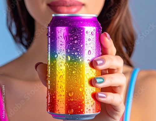 Woman holds vibrant, wet, rainbow-colored can, with water droplets, focus on can