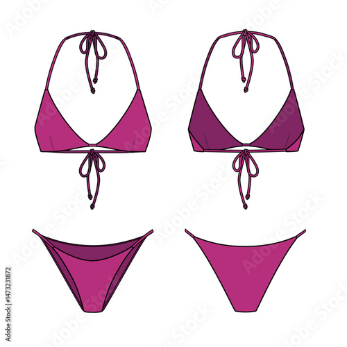 Simple Triangle Bikini technical fashion flat. Swimsuit vector illustration, front and back view, editable mockup template.