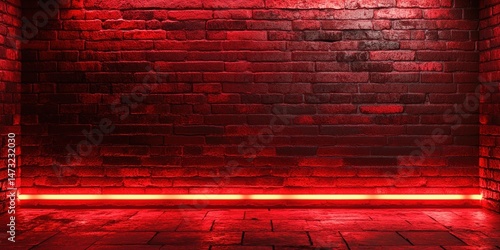 Red brick wall with glowing red light along floor in empty interior room, modern urban design, illuminated background for copy space.