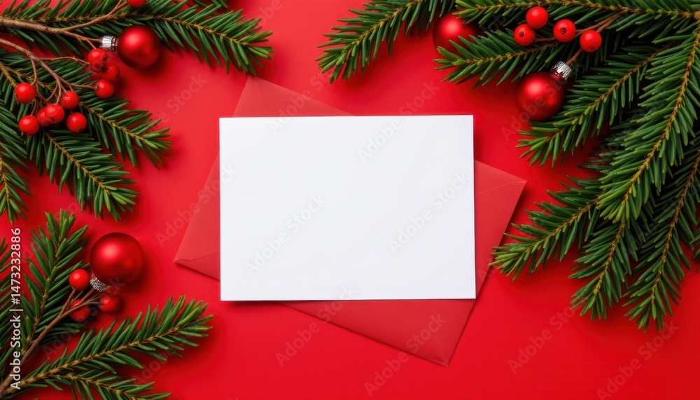 Obraz premium Christmas greeting card arrangement festive home holiday decorations red background overhead view celebration spirit