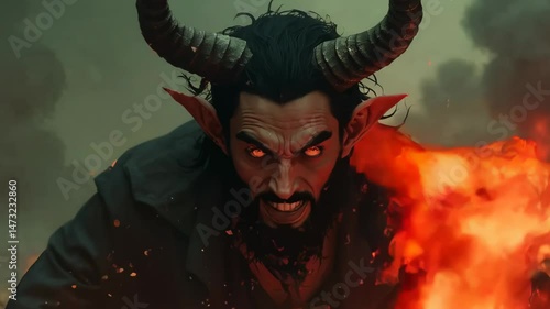Demonic man with horns and fiery eyes in apocalyptic scene. Dark fantasy character for Halloween horror story. Evil creature emerging from flames.