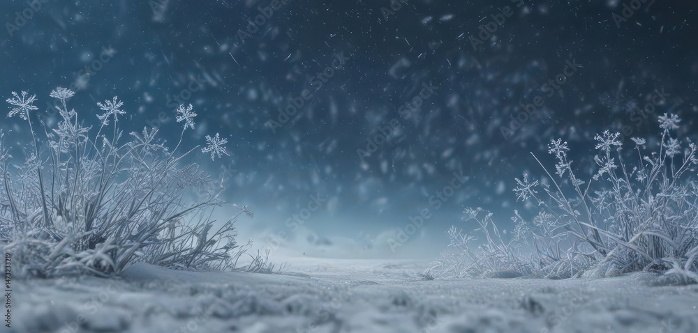 Fototapeta premium Frozen, ethereal scene; snowflakes fall against a frosty blue backdrop , december, backdrop, snow