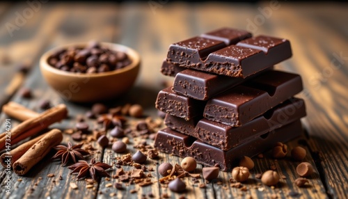 Delicious chocolate bars and coffee beans on rustic wooden table food photography cozy kitchen close-up view