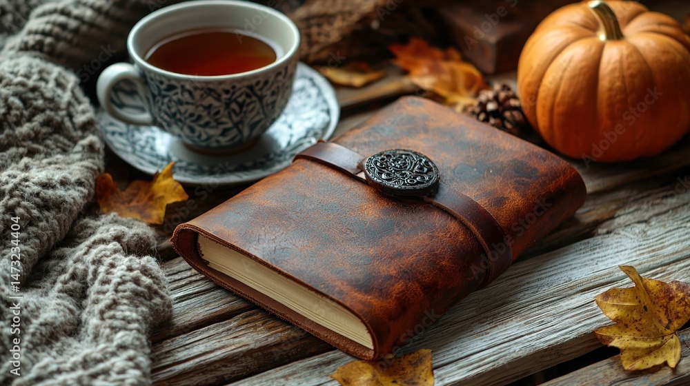 Fototapeta premium Autumnal cozy scene with tea, notebook, and pumpkin