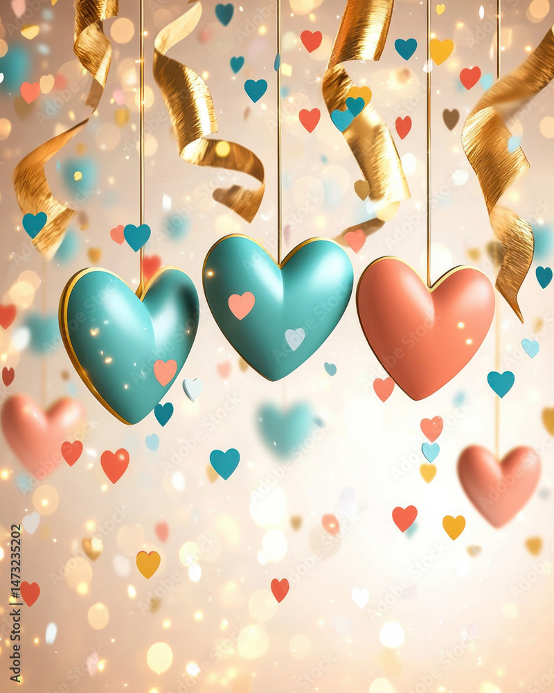 custom made wallpaper toronto digitalHanging hearts with confetti in coral and teal colors