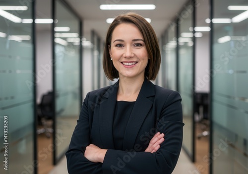 Free Download Smiling businesswoman with arms crossed stands in office hallway with glass walls - GFXLoad