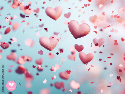 Heart shaped confetti raining down soft pink hues creates joyful
