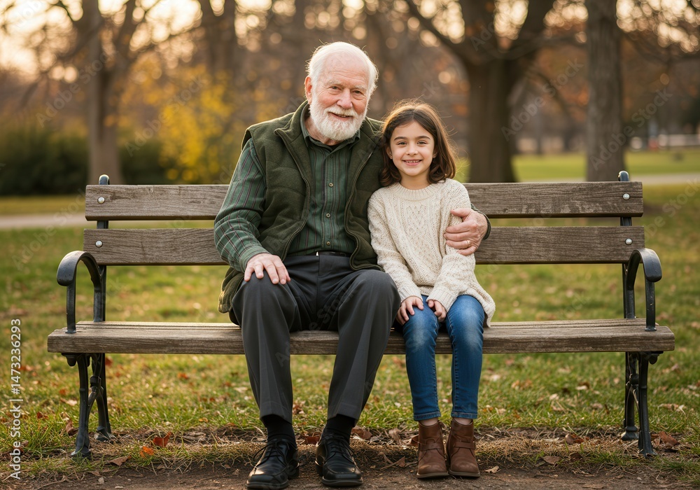 Grandfather and granddaughter sit together on a park bench smiling Grandfather and granddaughter sit together on a park bench smiling
