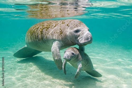 Underwater photo of a mother manatee swimming with her calf in clear, shallow water. Peaceful marine life scene showcasing maternal care in nature and the beauty of aquatic wildlife.