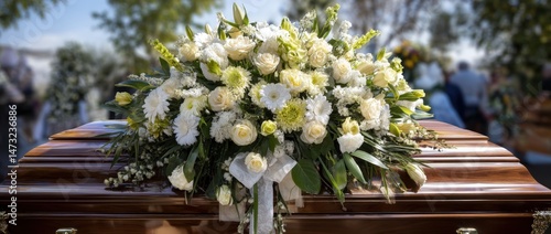 Casket adorned with white floral arrangement at an outdoor memorial service.