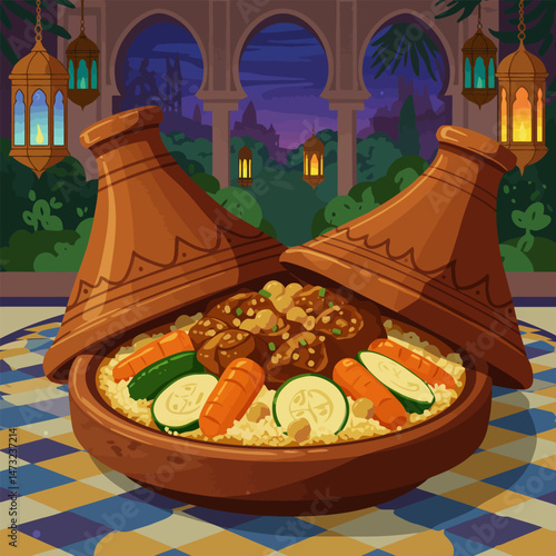 Traditional Moroccan Tagine Dish with Vegetables and Couscous Illustration