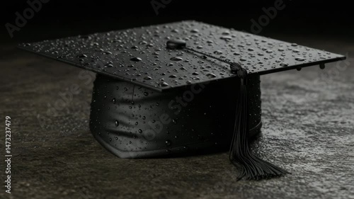 rain drops, Close-up of a graduation cap with a golden tassel on a textured surface, captured at a low angle. Ideal for an educational video theme. graduation cap, dark tassel, metallic black, 