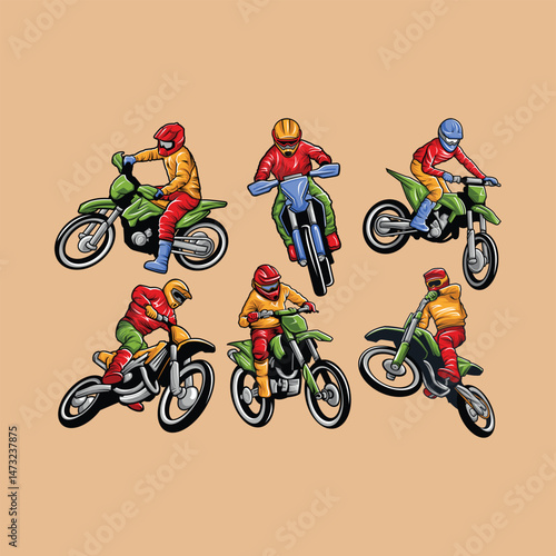 Motocross Dirt Bike Rider Motorcycle Vibrant Colorful Vector Set Collection