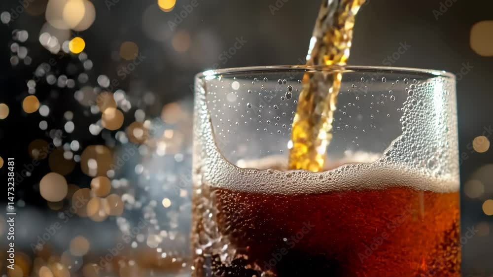Close up of refreshing cold soda beverage being poured into glass with ice, showing fizzy bubbles, condensation, and splashes, creating energetic and inviting carbonated drink perfect for cool