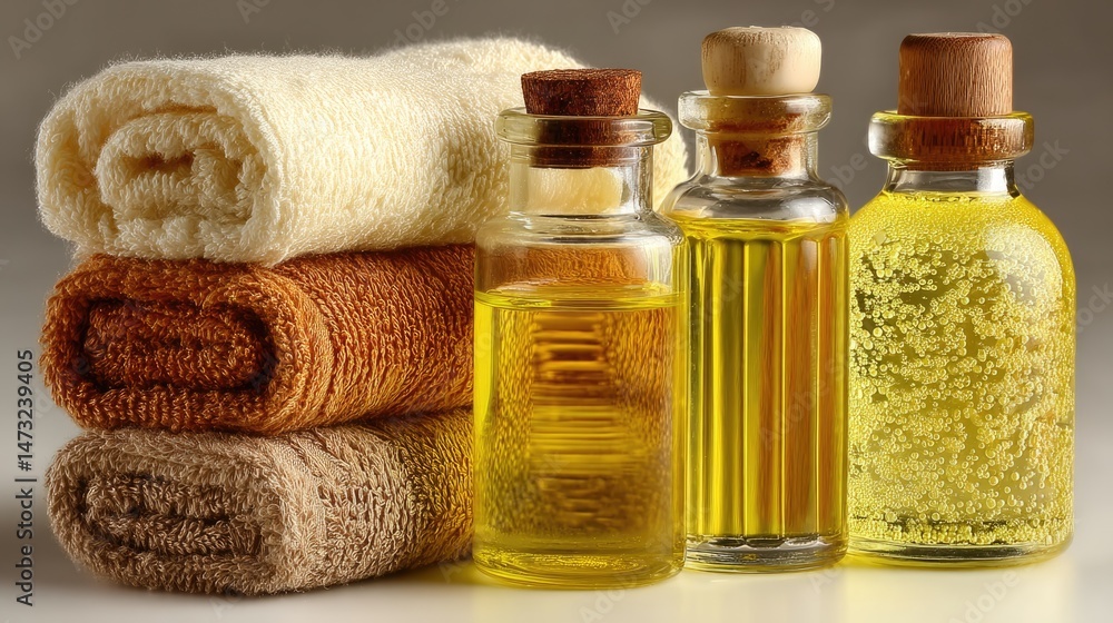 Relaxing spa treatment with essential oils and towels in a calm environment for serenity Relaxing spa treatment with essential oils and towels in a calm environment for serenity
