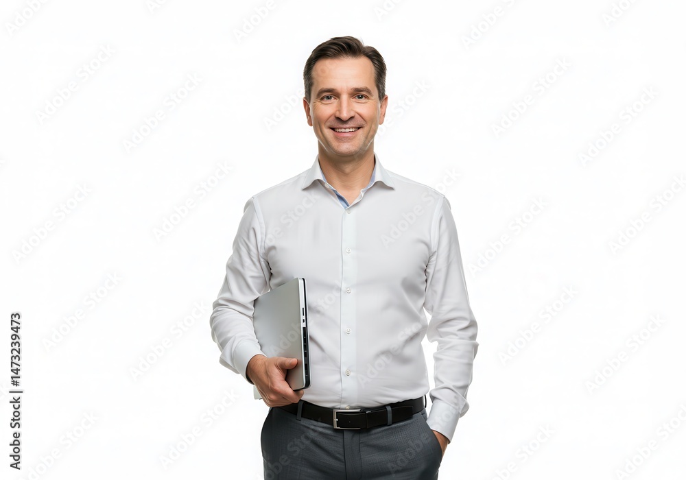Smiling man in shirt holding laptop under arm against white background Smiling man in shirt holding laptop under arm against white background