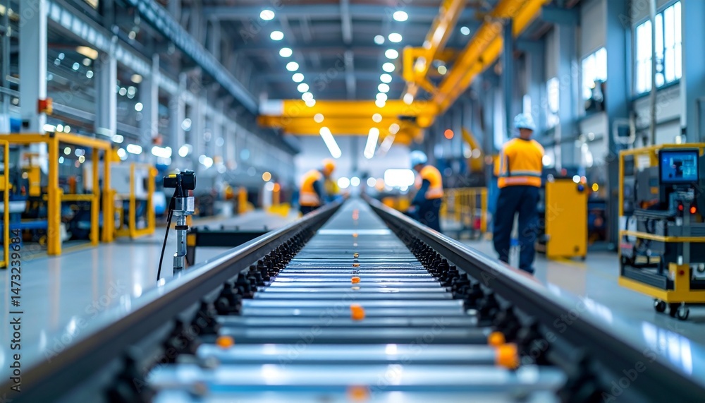 Fototapeta premium Bright factory interior with workers around a conveyor