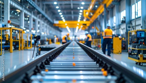 Bright factory interior with workers around a conveyor