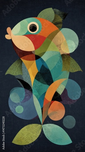 Colorful abstract fish design on a dark background.