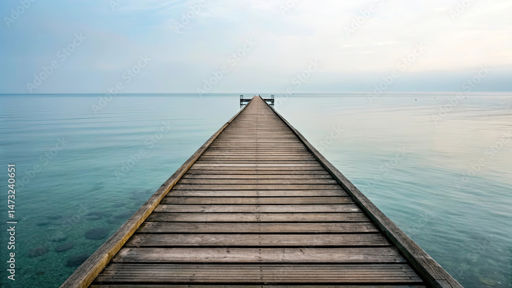 Fototapeta premium Wooden pier stretches into calm, clear turquoise waters under serene sky, evoking sense of peace and tranquility