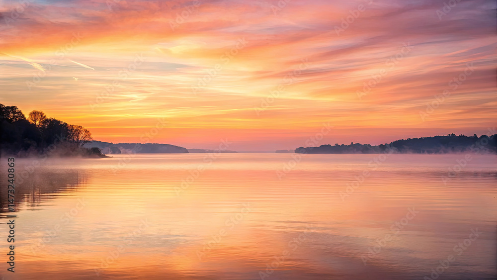 Obraz premium Serene lake at sunrise with vibrant orange, pink, and purple hues reflecting on calm water, surrounded by misty trees and tranquil atmosphere