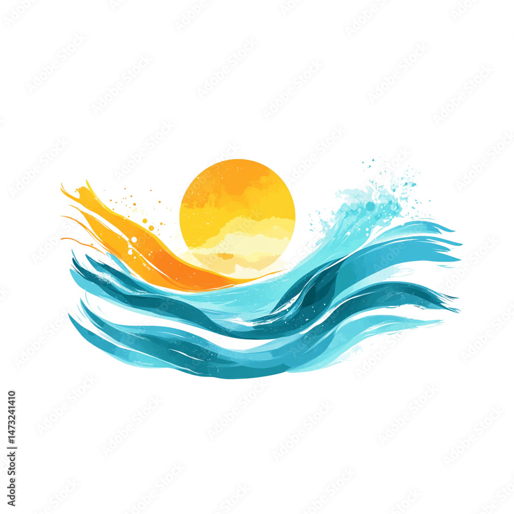 Obraz premium sunset over stylized ocean waves creates serene and uplifting atmosphere. sun warm hues blend beautifully with cool tones of water, evoking sense of peace and tranquility