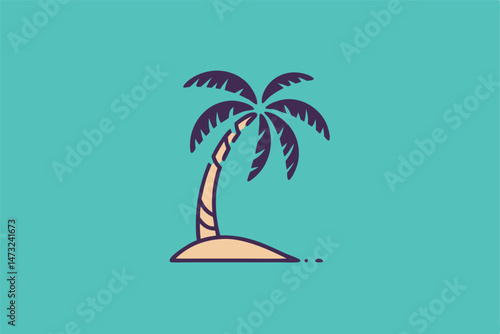 Stylized illustration of a single palm tree on a small sandy island against turquoise background.